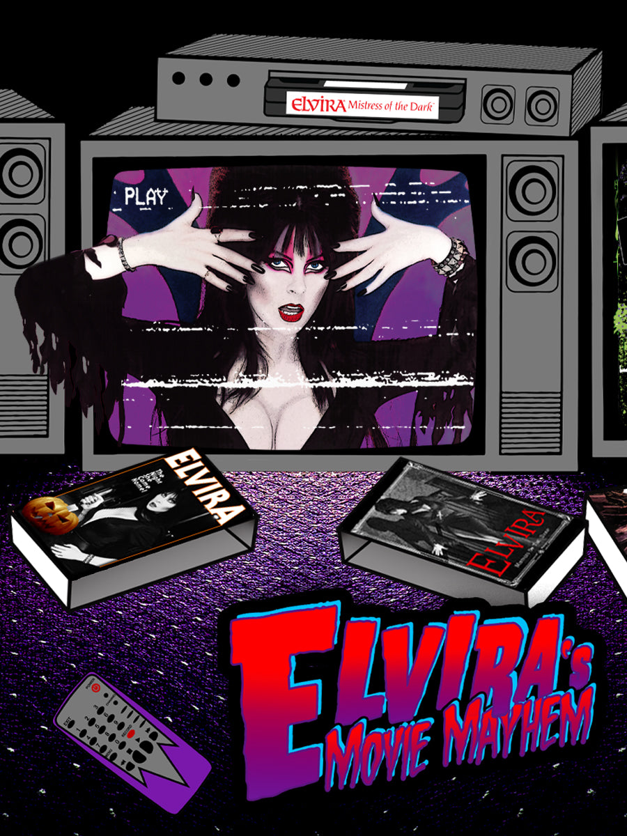 Vintage television set displaying Elvira with books and remote control on a dark background promoting movie merch.
