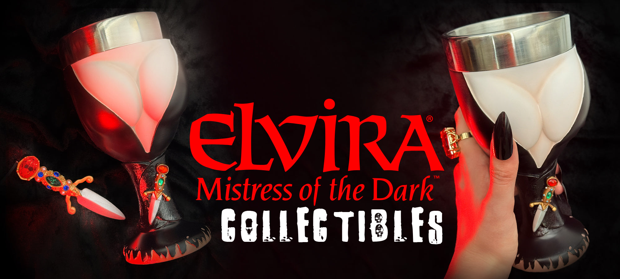 Elvira dagger ornament and goblet with text that says "Elvira Mistress of the Dark Collectibles"