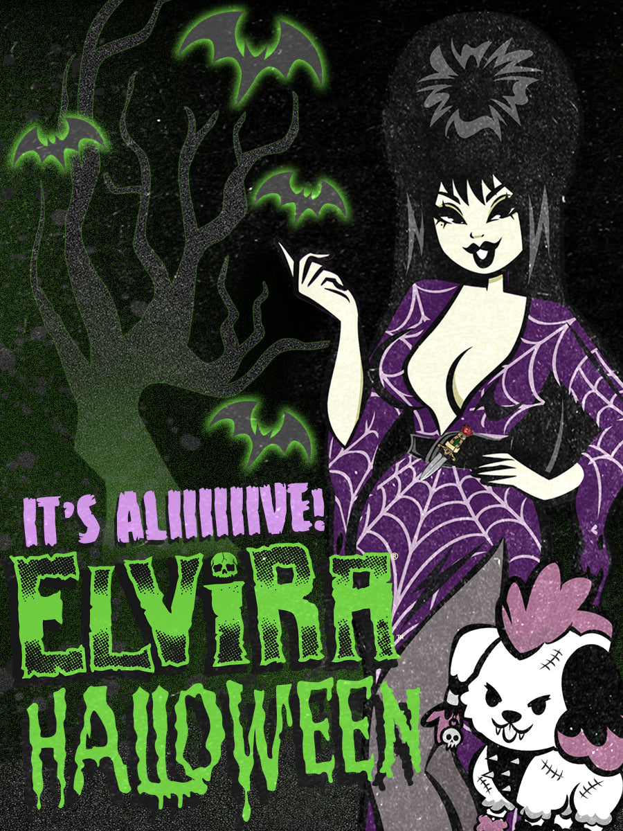 It's alive! Elvira Halloween with cartoon Elvira and Gonk on spiderweb and bat background