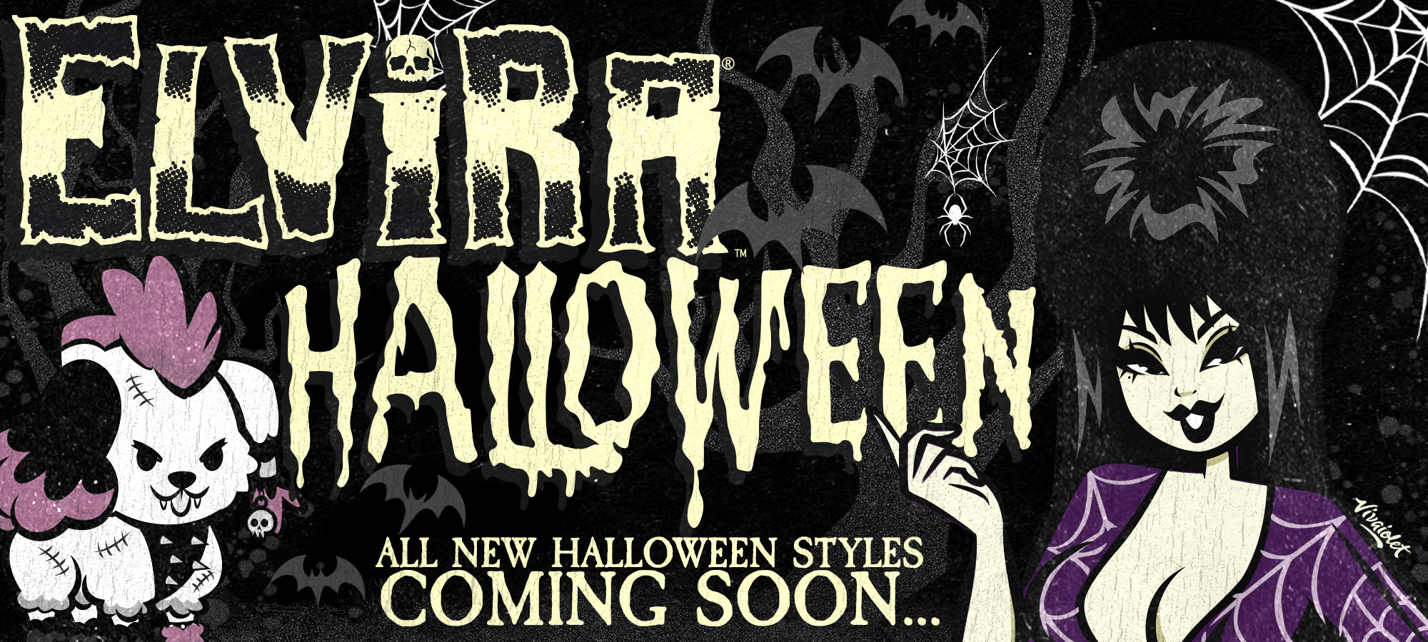 Elvira Halloween "all new Halloween styles coming soon" with Gonk and Elvira with a bat and spiderweb background