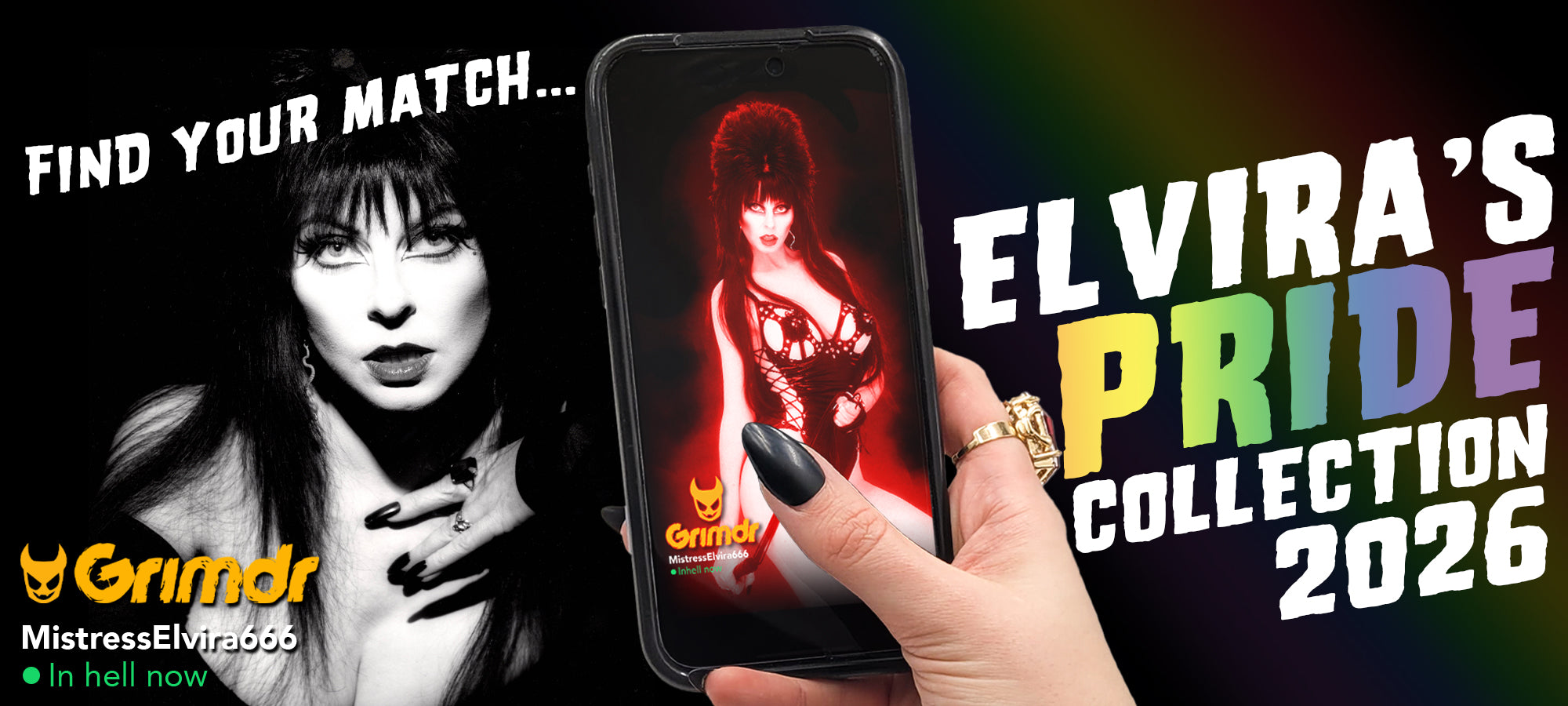Elvira pride banner with text "find your match... Elvira's Pride Collection 2026"