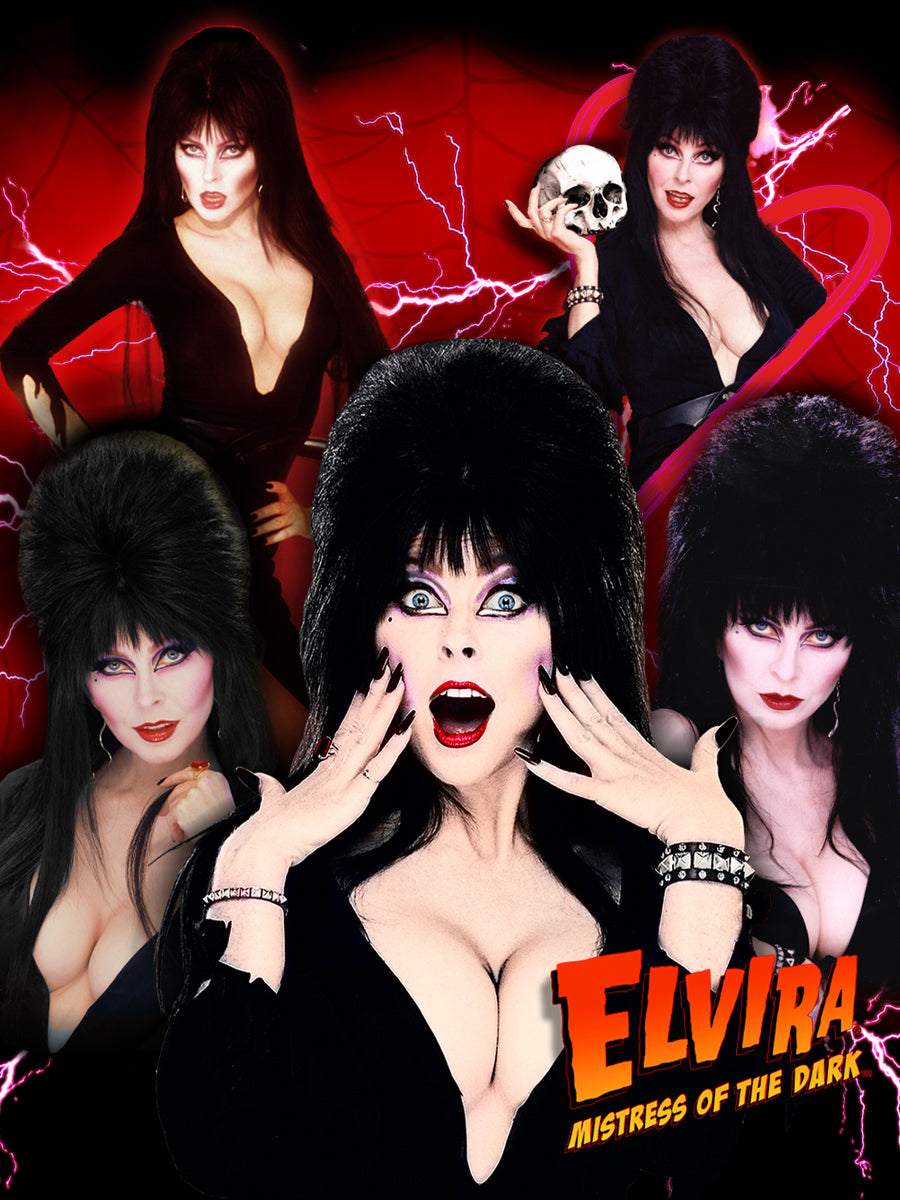 Elvira, Mistress of the Dark, with a red background and lightning effects.