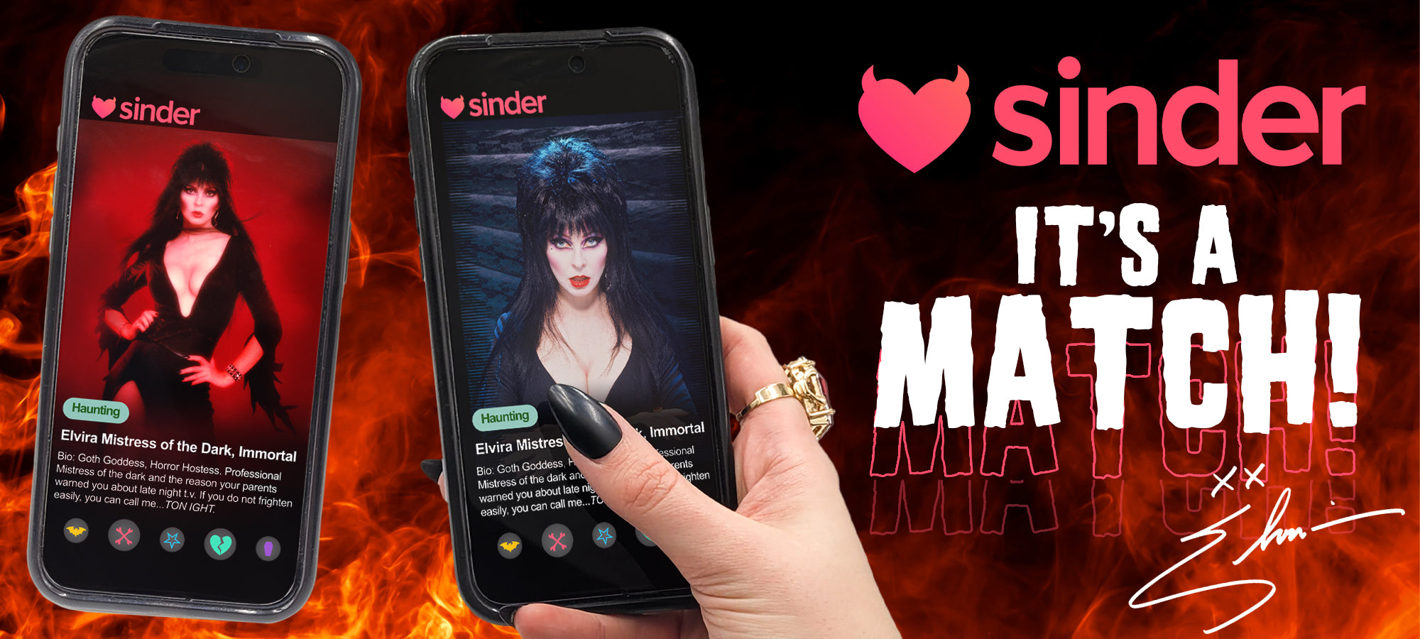 Two smartphones displaying the 'sinder' app with a hand holding one of them, against a fiery background. Text reads: Sinder, it's a match!