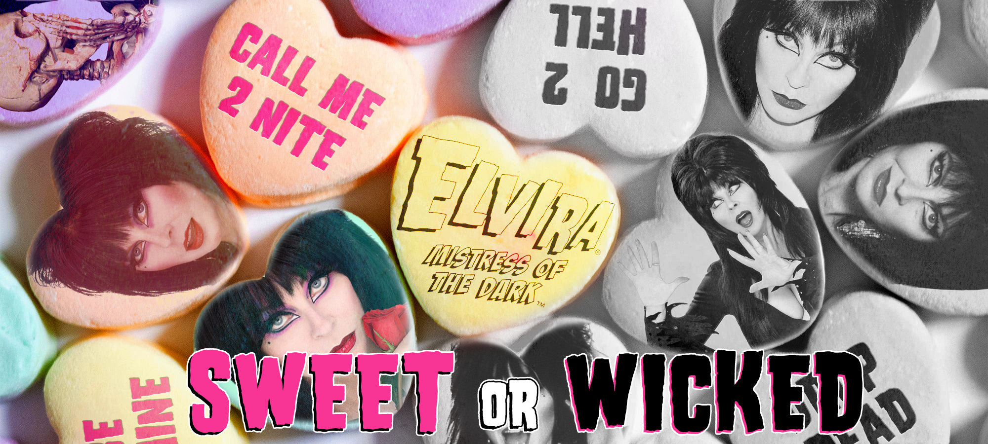 Colorful candy hearts with text and images of a woman, featuring the text 'Sweet or Wicked'.