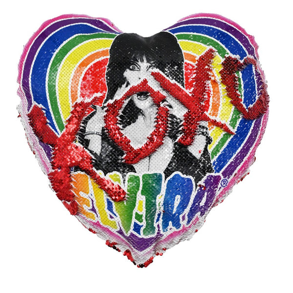 Elvira Rainbow Hypno Heart Red Sequin Pillow