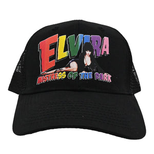 Elvira Rainbow Logo Lay Down Black Trucker Hat