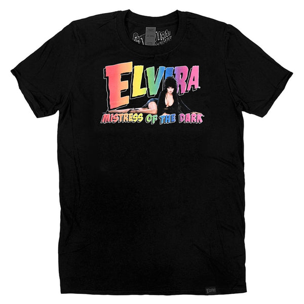 Elvira Rainbow Logo Lay Down Mens Black Tshirt