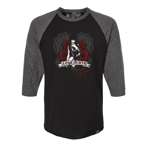 Elvira Love Hurts Scroll 3/4 Sleeve Raglan Charcoal Shirt